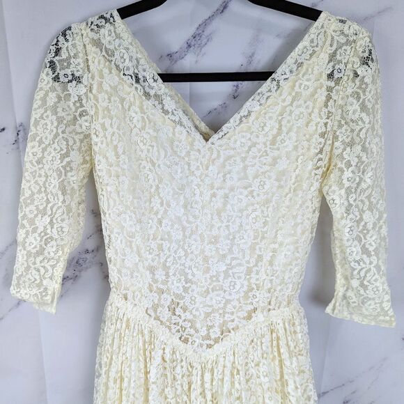 1950s Wedding Dress Lace Tea Length Matching Veil Covered Buttons V-Neck Size XS - Picture 5 of 11